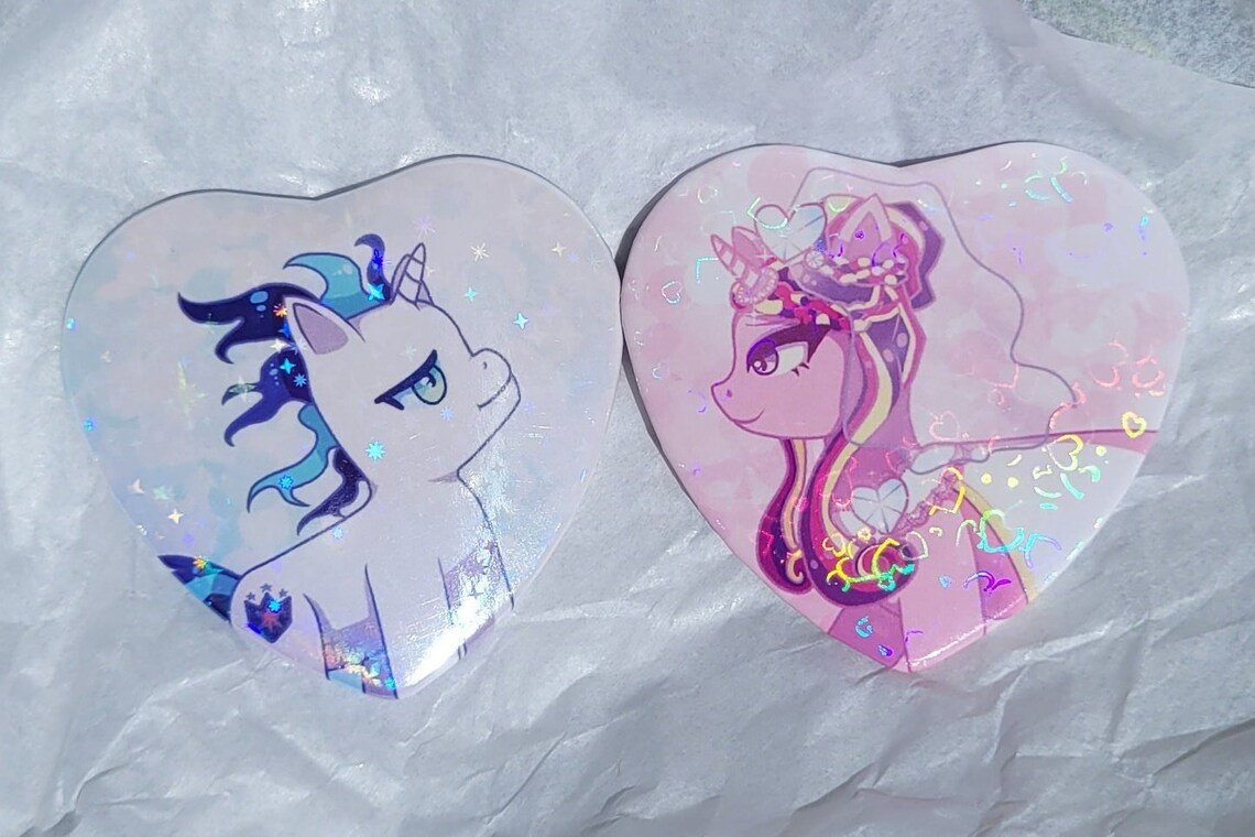 The Bride and The Ugly Groom Inspired 2.25“ Holographic Heart Button Set
